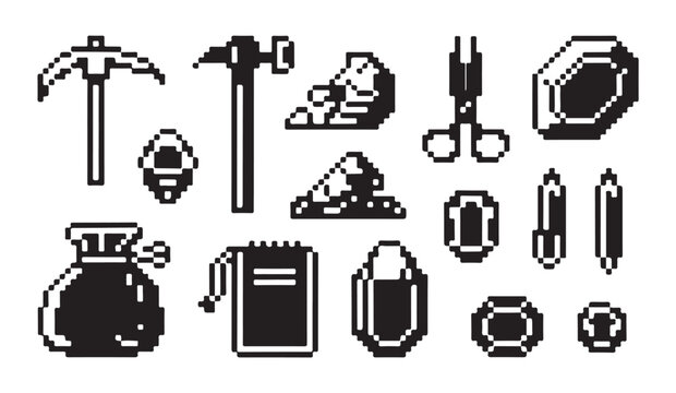 Pixel art style icon set featuring mining tools minerals and various adventure items symbols.
