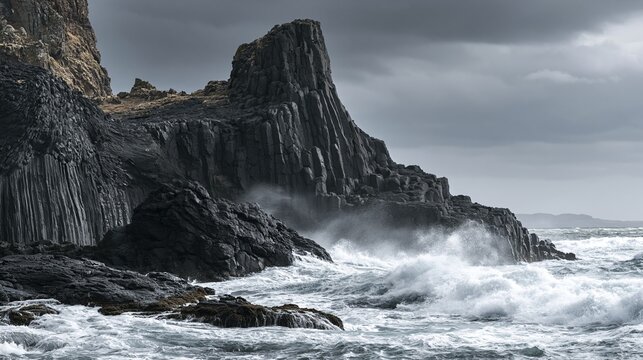 Scientific geological view of hexagonal basalt columns rising from a storm-lashed coast, dark lava rock textures, layered cliff strata, cooling magma flow, and sea spray beneath a gray volcanic sky.