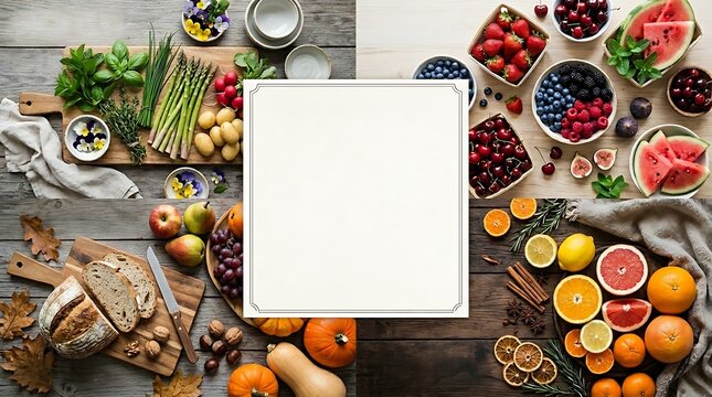 Overhead flat lay collage of seasonal fresh food, vegetables, berries, bread, and citrus fruits surrounding a central square white mockup frame copy space for recipes or menu templates.