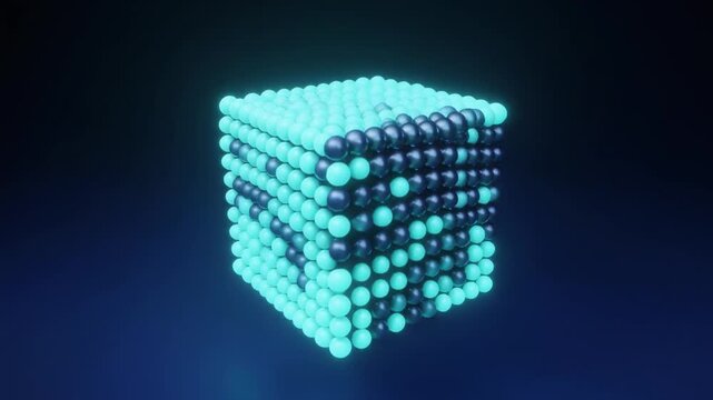 Abstract quantum computing background with glowing cyan spheres forming a rippling cube, futuristic technology and AI concept