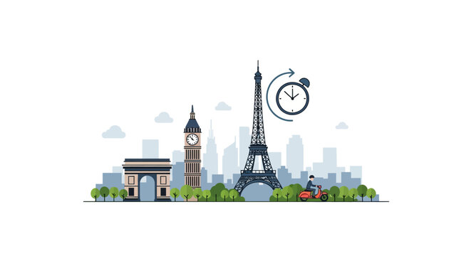 Flat vector illustration featuring the Eiffel Tower, Arc de Triomphe, and Big Ben with a clock time icon and a person on a red scooter, symbolizing European travel and sightseeing.