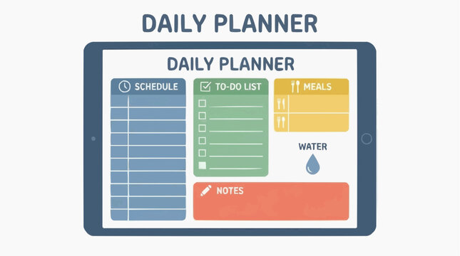 Digital daily planner layout on tablet screen with schedule to-do list and meals