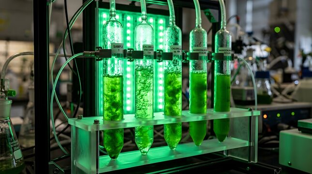 Innovative bioreactor system cultivating green microalgae under precise LED illumination in a research laboratory, showcasing advanced biotechnology for sustainable solutions and energy