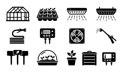 Greenhouse Hydroponics and Indoor Smart Gardening Icon Set featuring Grow Light, Temperature Controller, Seedling Tray, and Irrigation System Elements Vector © MdShagarAli
