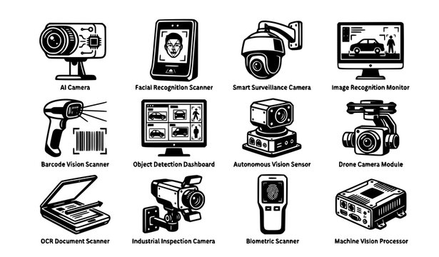 Computer Vision and AI Surveillance Icon Set featuring Facial Recognition, Smart Camera, Object Detection Dashboard, and Machine Vision Processor Vector