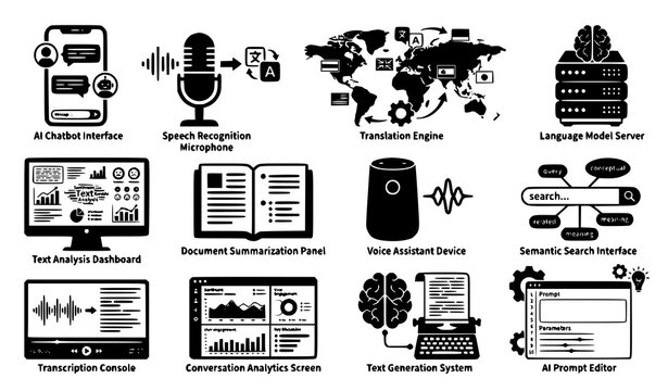 Natural Language Processing and Generative AI Icon Set featuring Chatbot, Speech Recognition, Translation Engine, and Text Generation Interface Elements Vector
