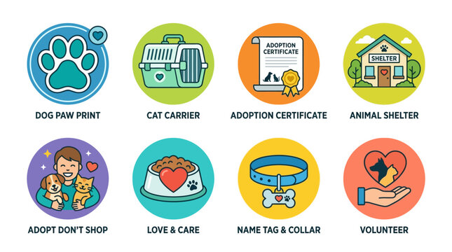 A colorful infographic displays various icons representing animal adoption at a shelter.