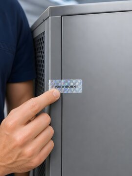Technician hand checking holographic security void warranty sticker label on metallic server cabinet rack