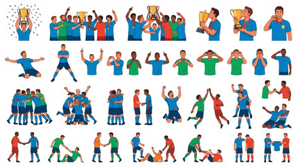 Fototapeta premium Set of soccer players celebrating victory with trophies and team camaraderie.