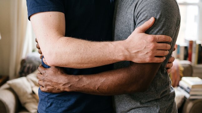Close up of two diverse multiethnic men embracing in a warm supportive hug at home, faceless copy space