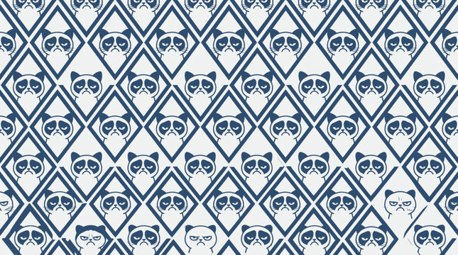 Grumpy Cat Pattern: Diamond Geometric Repetition with Sad Feline Faces