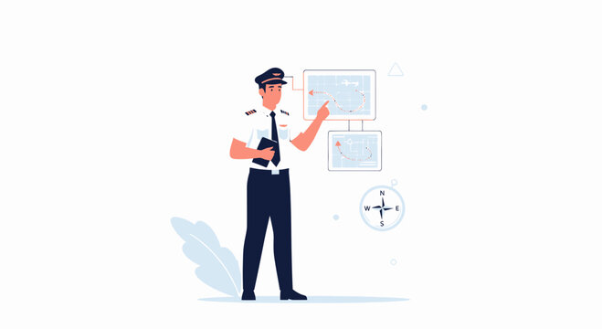 Pilot Planning Flight Path on Navigation Charts with Compass and Leaf Accent