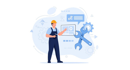 Naklejka premium Mechanic with Tablet and Tools, Industry 4.0 Concept, Technical Support and Engineering Vector Illustration