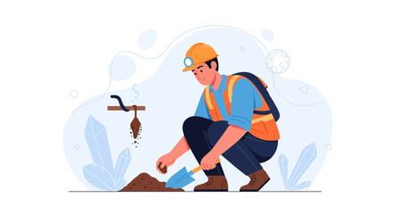 Obraz premium Miner digging for crystals and gems in a mine, illustrated in a modern flat style.