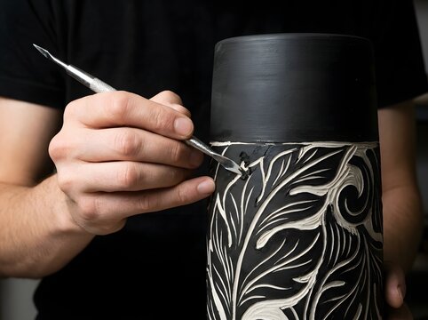 Ceramic artist hands carving intricate floral pattern on black clay pottery vase with sgraffito tool
