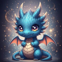 Adorable chibi blue dragon character with sparkling eyes and magical glow effect on a dark background for fantasy illustration © Apel