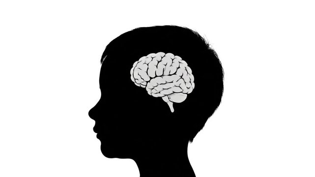 Silhouette of a child's head with a brain illustration inside.