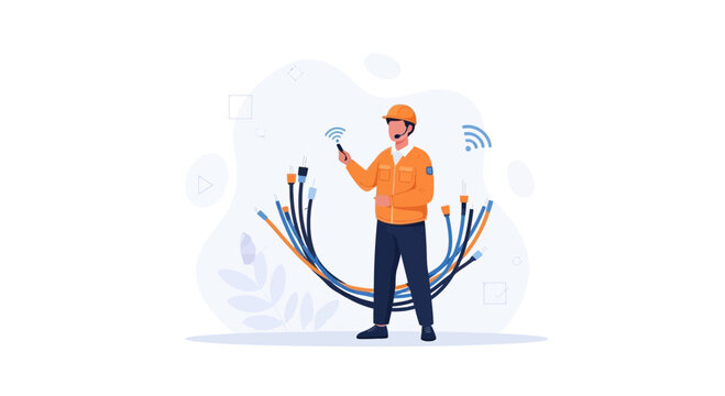 Technician with Tools and Cables, Network Installation, Fiber Optics, Communication Technology