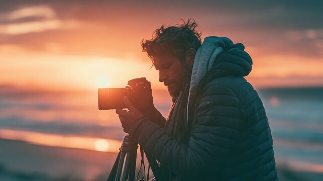 Outdoor adventure explore. A man with a beard and curly hair, wearing a light blue puffer jacket, intently photographs the sunset with a DSLR camera mounted on a tripod.