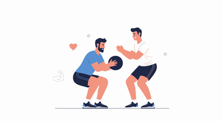 Obraz premium Two men doing fitness together, one holding a medicine ball during a squat exercise, promoting teamwork and healthy lifestyle
