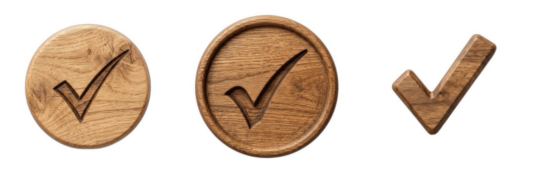 Set of Wooden Check Mark Icons Isolated on White Background, Rustic Carved Wood Tick Symbols for Task Completion and Approval, Natural Brown Material Design Elements for Graphic Projects, Confirm Sign