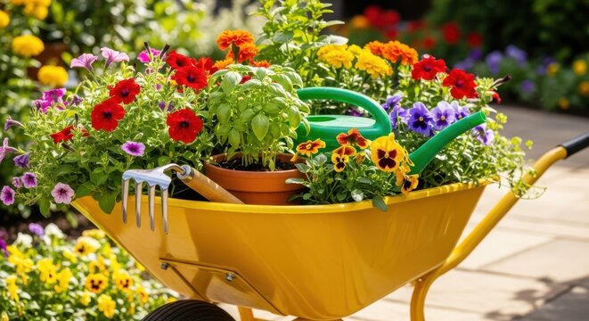 Vibrant wheelbarrow overflowing with colorful spring flowers and gardening tools