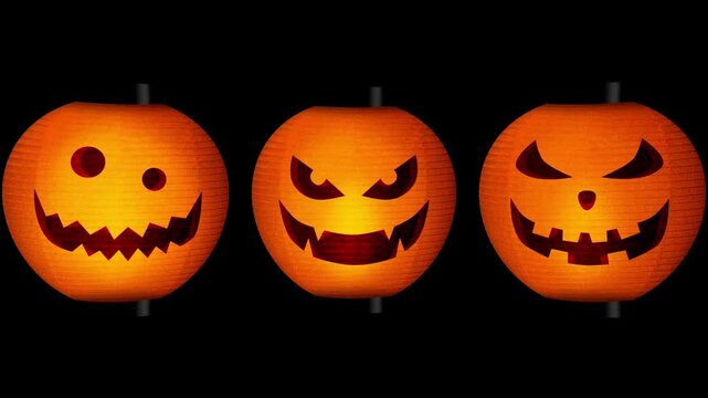 Three Jack-o'-lanterns with spooky carved faces illuminated against a dark background, perfect for Halloween