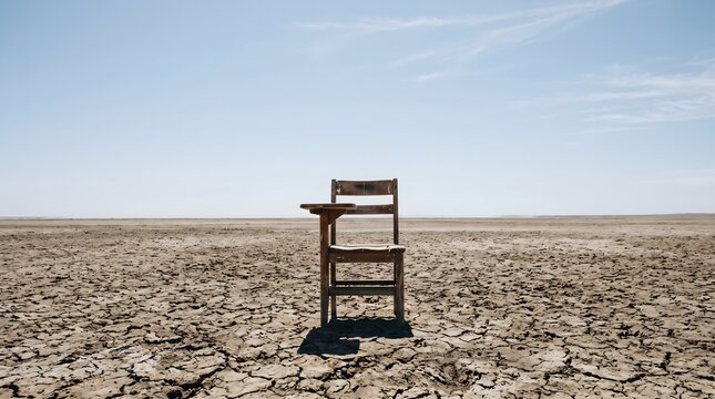 Wide photo of a lone wooden school chair on cracked dry earth under clear sky, symbolizing education access crisis and dropout issues.