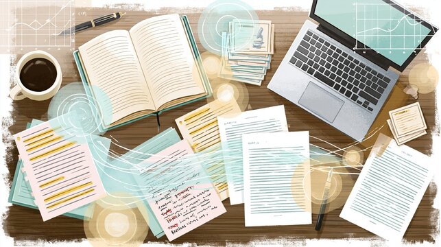 A top-down desktop scene with an open notebook, laptop keyboard, stacked reference cards, highlighted manuscript pages, and revision marks flowing into a clean draft layout, plus coffee cup, fountain