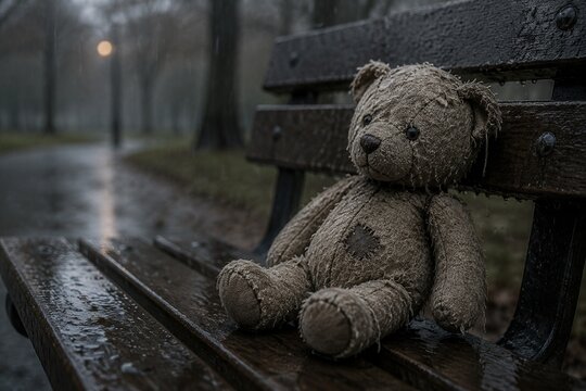 Abandoned teddy bear on wet park bench, unraveling threads in rain.