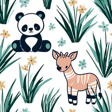 Cute panda and okapi in seamless jungle pattern