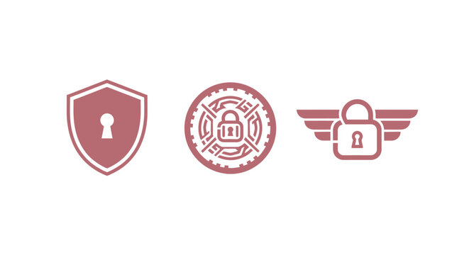 Three security icons with shield lock and wings design.