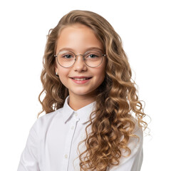 Obraz premium Happy young girl with curly hair and glasses smiling isolated on transparent background