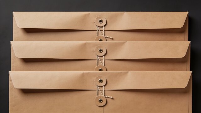 Stacked Brown Kraft Paper Envelopes with String and Button Closures