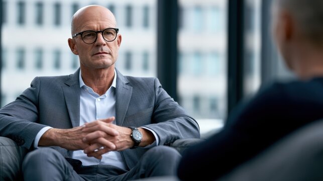 Professional business dialogue during one on one meeting in modern office. Executive listening carefully in focused conversation about strategy, leadership, coaching and decision making