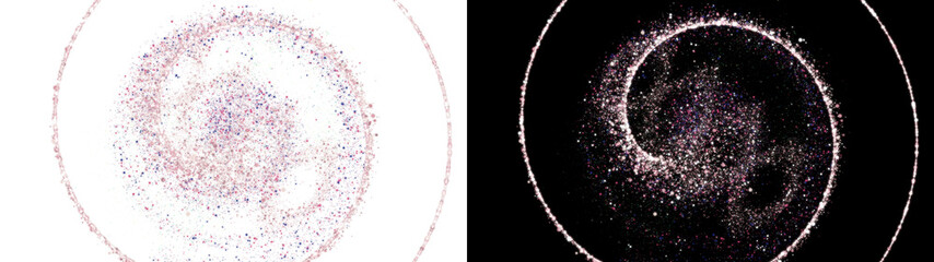PNG image of Abstract spiral galaxy illustration with sparkling stardust, cosmic swirl of purple and pink particles, celestial vortex design for science backgrounds isolated on Transparent © NURUN