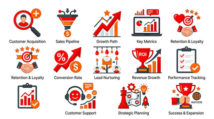 Fototapeta premium Business Growth Icons: Sales, Marketing, Strategy, Success, ROI, Metrics