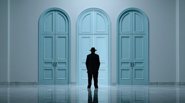 Minimalist clean scene with three tall light blue arched doors set on plain grey wall, back view man in dark suit and hat standing before middle door, polished reflective mirror floor, modern sleek ar
