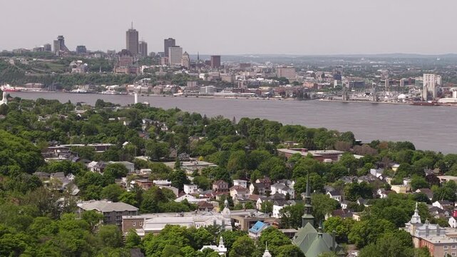 Aerial view of Quebec City and Levis straddling the St Laurence River