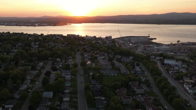 Aerial view of Quebec City and Levis straddling the St Laurence River