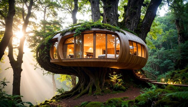 Futuristic spherical wooden treehouse pod glowing inside a lush mystical forest.