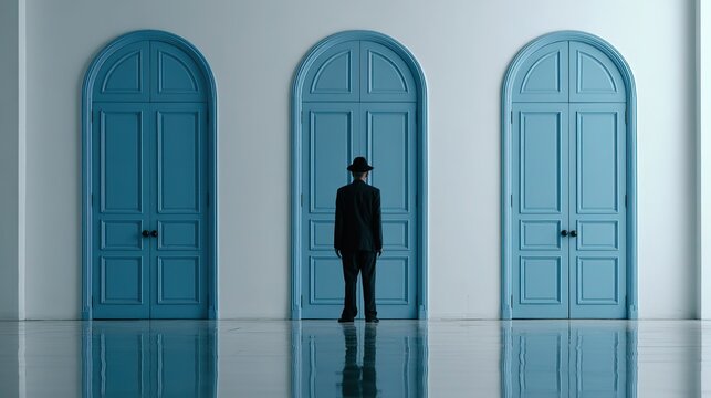 Minimalist clean scene with three tall light blue arched doors set on plain grey wall, back view man in dark suit and hat standing before middle door, polished reflective mirror floor, modern sleek ar