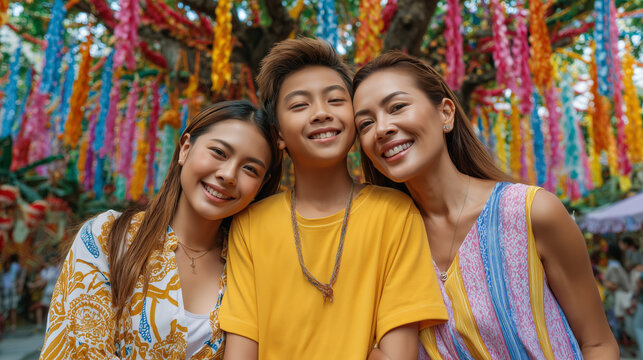 Three young friends smiling together at a vibrant Rocket Festival celebration