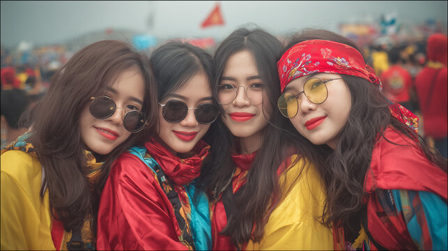 Four women in colorful outfits smiling at a Rocket Festival event