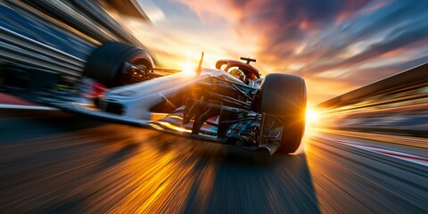 Obraz premium Dynamic Formula 1 race car speeding on track during golden sunset with dramatic motion blur and intense speed.