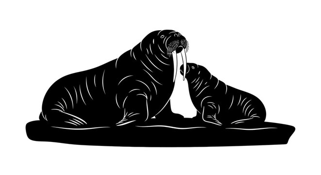 Two walruses resting on ice with tusks visible.