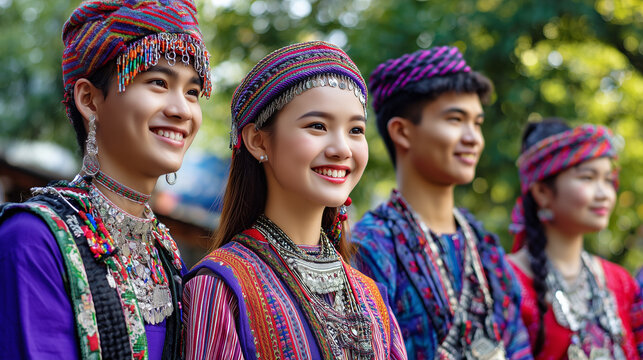 Smiling people in traditional clothing at a Rocket Festival celebration