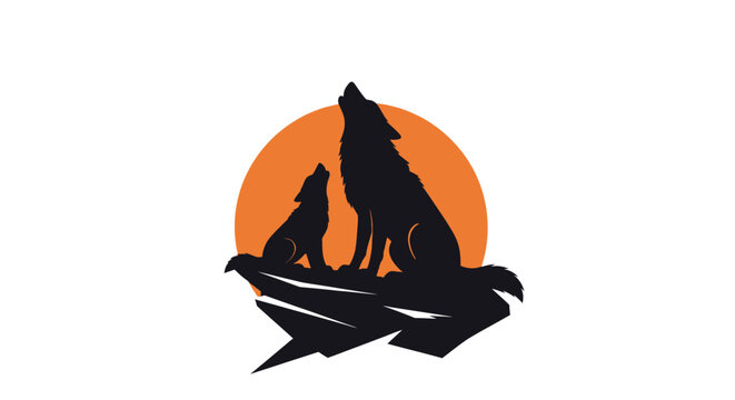 Silhouette of howling wolf and bird with sunset.