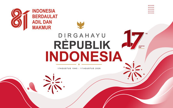 Modern Indonesia 81st Independence Day banner featuring the National Monument, Garuda emblem, red and white ribbons, and patriotic typography for August 17 celebrations and events.