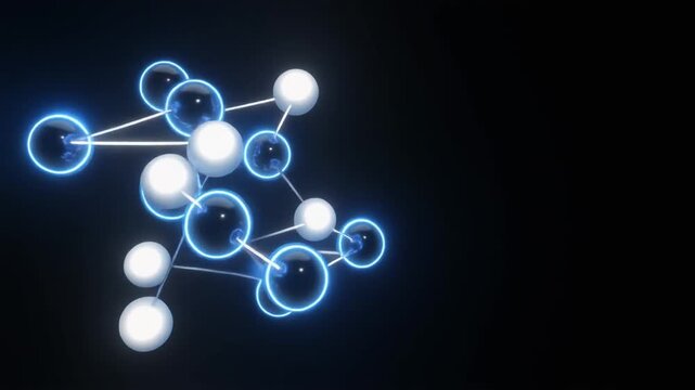 Abstract molecular structure with glowing atoms and connecting nodes rotating slowly, futuristic science and technology concept